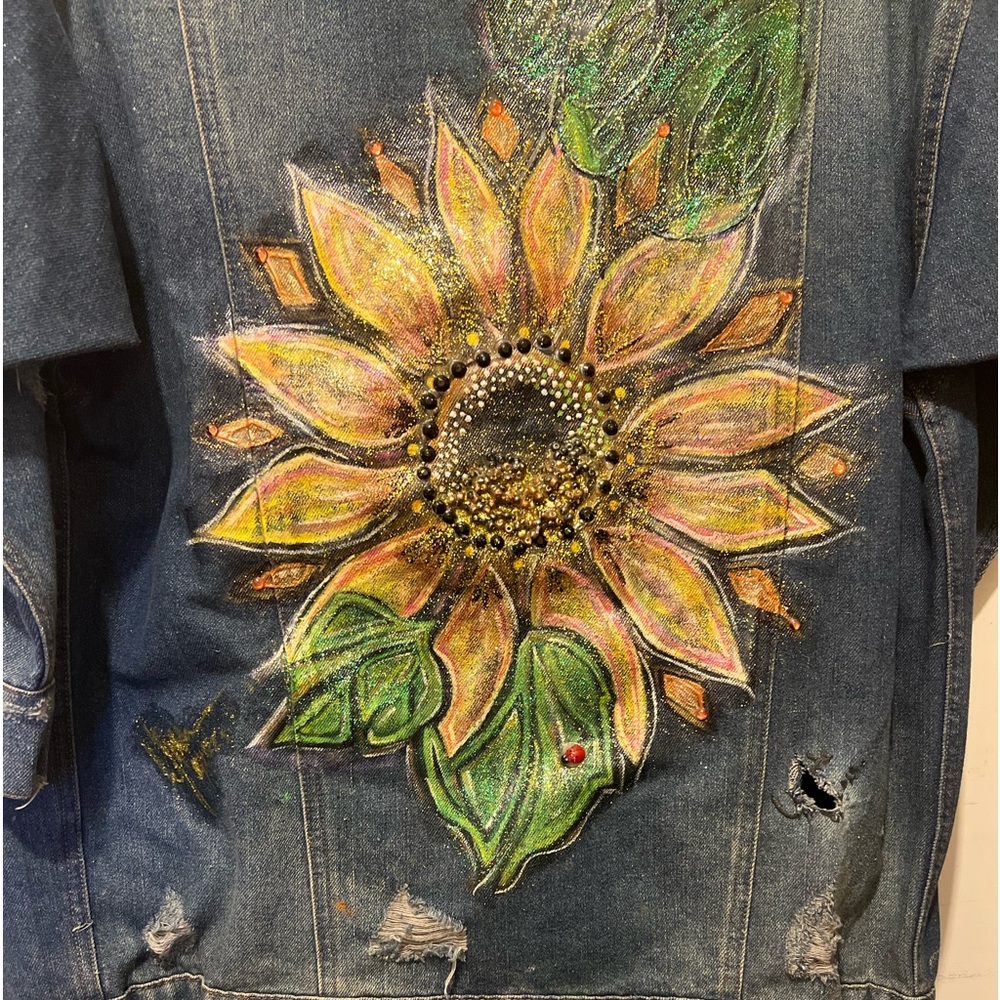 Blue denim hand L/XL hand painted Sunflower jacket. One of a kind very detailed